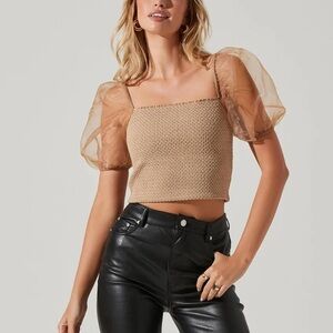 ASTR The Label Organza Puff Sleeve Smocked Crop Top - Beige/Tan - Extra Small XS